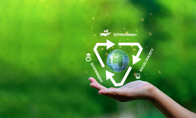 ESG concept of environmental,  Symbol Recycled. Ecological metaphor for ecological waste management and sustainable and frugal lifestyles.