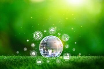 Wall Mural - glass globe in green forest with the icon environment of esg, co2, circular company, and net zero. t