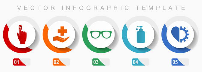 Leinwandbilder - Medical icon set, miscellaneous icons such as oximeter, hospital, glasses, soap and heart, flat design vector infographic template, web buttons in 5 color options
