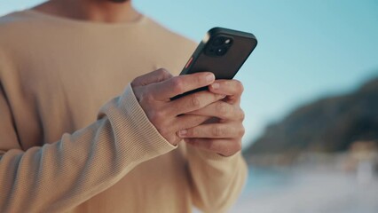 Aufkleber - Nature, phone and closeup of hands typing a text message on social media, mobile app or website. Technology, online and man scroll on internet with cellphone for communication outdoor for travel.