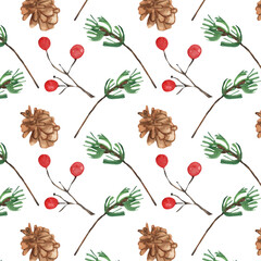 Christmas watercolor horizontal seamless pattern with holly berries, fir and pine cones.Winter patter