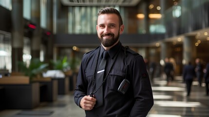 smiling positive security guard in the building of the business center.