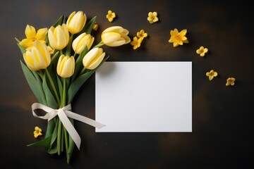 Wall Mural - Empty white paper on dark brown background with yellow tulip flowers and silk ribbon. Valentine's or woman's day greeting card. Mockup template with copy space. Flat lay, top view