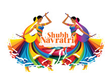 Happy Navratri, Couple Playing Garba And Dandiya In Navratri Celebration And Disco Night