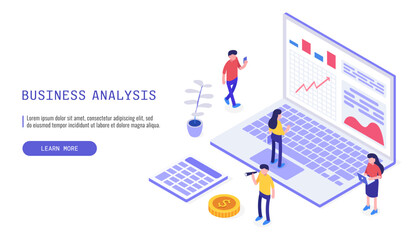Poster - Isometric web banner: Auditing & Business Analysis concept with characters. Opportunities, graphic & audit documentation, economic analysis, financial budget. Vector illustration for landing page.