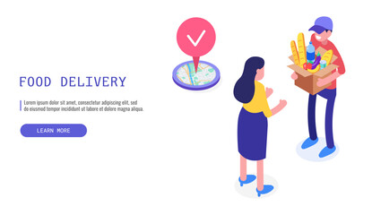 Poster - Efficient food delivery concept. A male courier expertly delivers packages of delicious food. Isometric web banner. Vector.