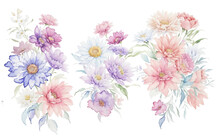 Watercolor Flowers On A White Background Without Shadows For Illustration.