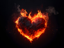 Heart Shapes Are Burning There Is A Fire Or Flames Burning To Ashes It Was So Hot That Reddish-yellow Light And Smoke On A Black Background Floated. Concept Is Impatient, Mean, Black-hearted, Cruel.
