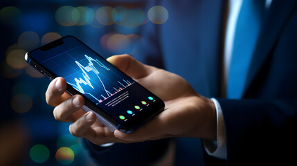 Businessman holding stock mobile phone and market economy graph statistic showing growth of profit analyzing financial exchange on blue background. Generative AI