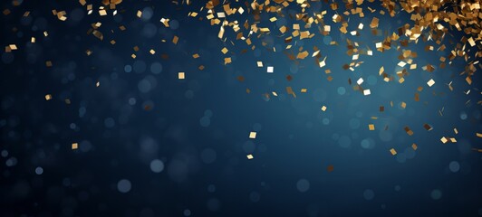 Aufkleber - Festive carnival new year's eve celebration party banner texture - Falling shiny golden confetti isolated on blue dark night background (Generative Ai)