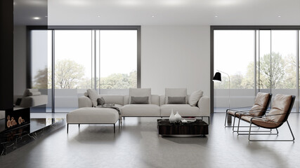 Large luxury modern bright interiors Living room mockup illustration 3D rendering computer digitally generated image