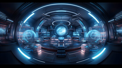 full 360 spherical panorama view of futuristic sci-fi environment with neon lights 3d render illustration hdr hdri vr design. Generative AI