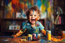 Colorful Creations: Happy Child Using Painted Hands For Art. Generative Ai