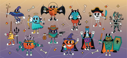 Set of halloween groovy cartoon characters. Modern vector illustration with cute characters wearing gloves