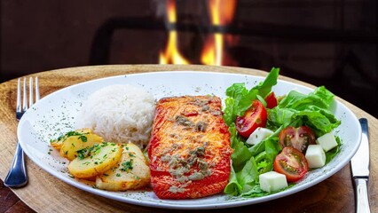 Sticker - Salmon, rice, salad and potatoes