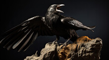 A Black Raven Bird On A Stone.