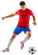 © Lustre Art Group  - Man, football, soccer player in colorful uniform during game, in motion with ball isolated on transparent background