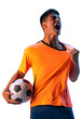 Man, soccer player in bright uniform shouting with ball during game isolated on transparent background