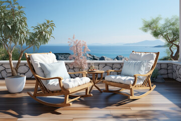 Wall Mural - Summer vacation at poolside. Veranda decorated with deck chairs and umbrella with an ocean view