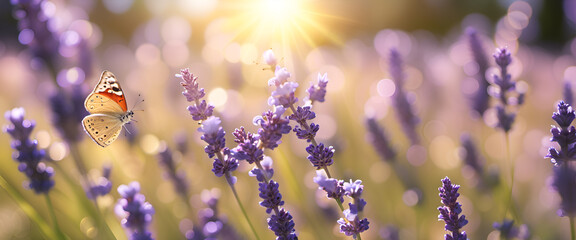 Blossoming Lavender flowers and flying butterfly in summer morning background . Purple growing Lavender