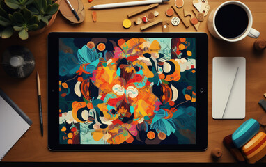 Wall Mural - Top view graphic designer with a tablet