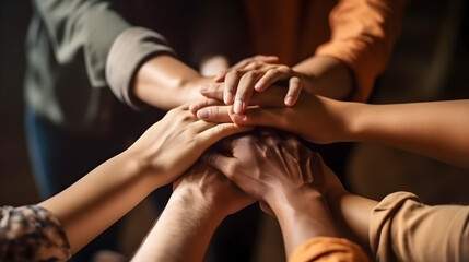  Panoramic Teamwork,empathy,partnership and Social connection in business join hand together concept. Generative AI