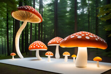 Beautiful Red Mushrooms On White Floor With Forest Background Created With Generative Ai