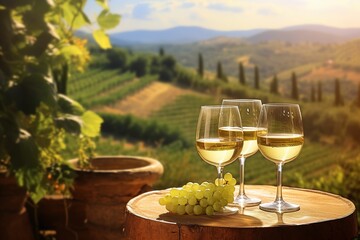  Two glasses of white wine and grapes on the background of a vineyard, white wine on an oak barrel, wine creative
