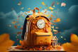 creative concept back to school. yellow school backpack with an alarm clock. school building. yellow leaves. unusual idea on a blue background. place for text. copy space. generative ai.
