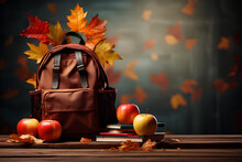 
School Backpack On A Bright Background. Copy Space. Creative Idea Back To School Concept In Autumn Style. Ai Generative