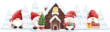 Watercolor Illustration Christmas Gnomes With Wooden House In Winter