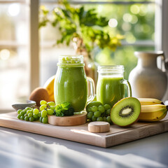 Wall Mural - green smoothie in a jar with a lot of green fruits