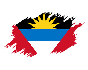 Wall Mural - Damaged flag Antigua. Antigua flag with grunge texture. Independence Day. Banner, poster template. National flag Antigua with coat arms. State flag Antigua is drawn in ink.