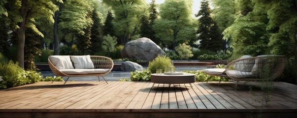 Outdoor furniture set on garden background.