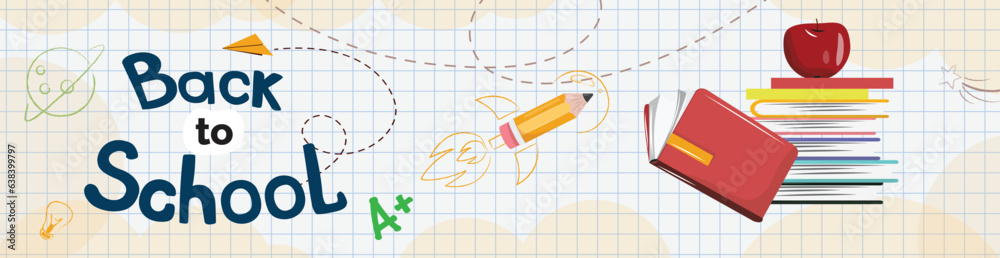 Banner back school with pile of books and apple on top. Template for ...