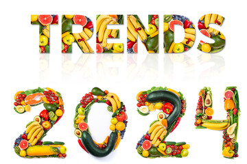 Wall Mural - New year 2024 food trends. New year 2024 made of fruits and vegetables, fish. Healthy food. 2024 resolutions, trends, healthy eating, sustainable, goals concept, organic concept