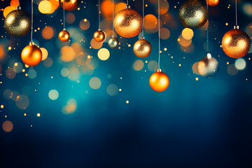 lights and blue background of christmas bauble bokeh effect, in the style of light orange and dark g