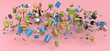 © boule1301 - Many of flying metal cans or buckets with paint roller, brush on pink
