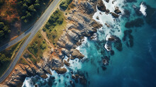 Top Down Aerial View Of A Ocean Road In The Summer Time