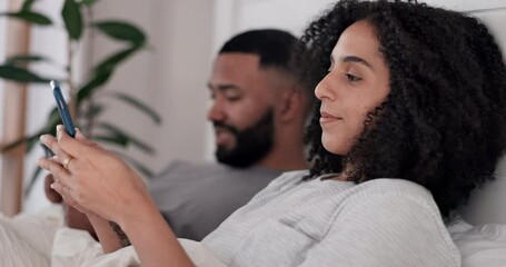 Aufkleber - Relax, phone and couple in bed with social media, streaming or subscription service in their home. Smartphone, app and man with woman in a bedroom online for movie, web or internet communication
