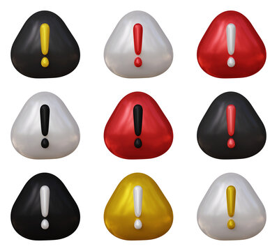 Set of warning sign or exclamation mark icon in 3d rendering isolated on transparent background. Symbol for safety, protection and danger concept.