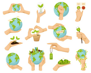 Save planet hands. Cartoon human hands hold different ecological symbols and elements, environment protection signs. Protection with Hand Taking Care of Green Planet Vector Set