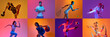 © master1305 - Collage. Sportive young people, men and women training, playing against multicolored background in neon light. Concept of professional sport, game, competition, action and motion. Ad. Banner, poster