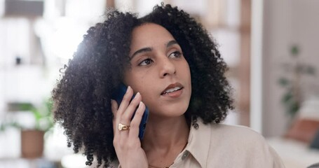 Poster - Phone call, fight and angry woman in living room with stress for phishing, scam or service provider at home. Face, anxiety and lady with smartphone calling network provider for 404 glitch connection