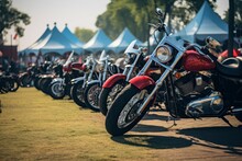 Motorcycles Parking Outdoor Festival Tents. Generate Ai