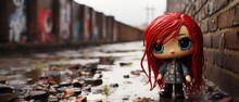 Cute Little Red Hair Figurine Doll All Lost In A Derelict Urban Street With High Brown Brick Walls Soaking Wet From The Rain, Adventuring Outdoors Did Not Go As Planned - Generative AI