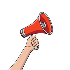 Wall Mural - Cartoon red megaphone in hand. Vector illustration isolated on white background