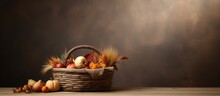 Beautiful Autumn Harvest In Basket And Leaves On Brown Background.