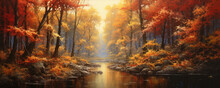 Autumn Forest Scenery, Wide Banner.