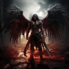 Warrior half-naked angel after the battle in the blood with massive wings